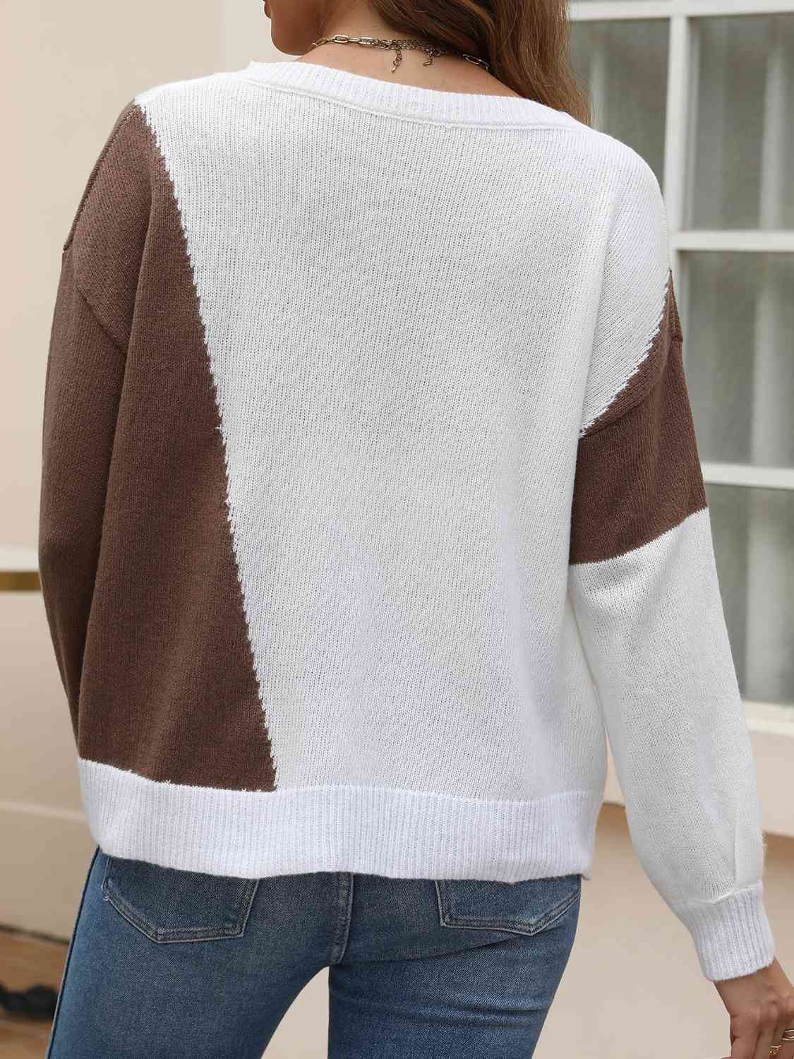 Contrast Round Neck Long Sleeve Knit Top