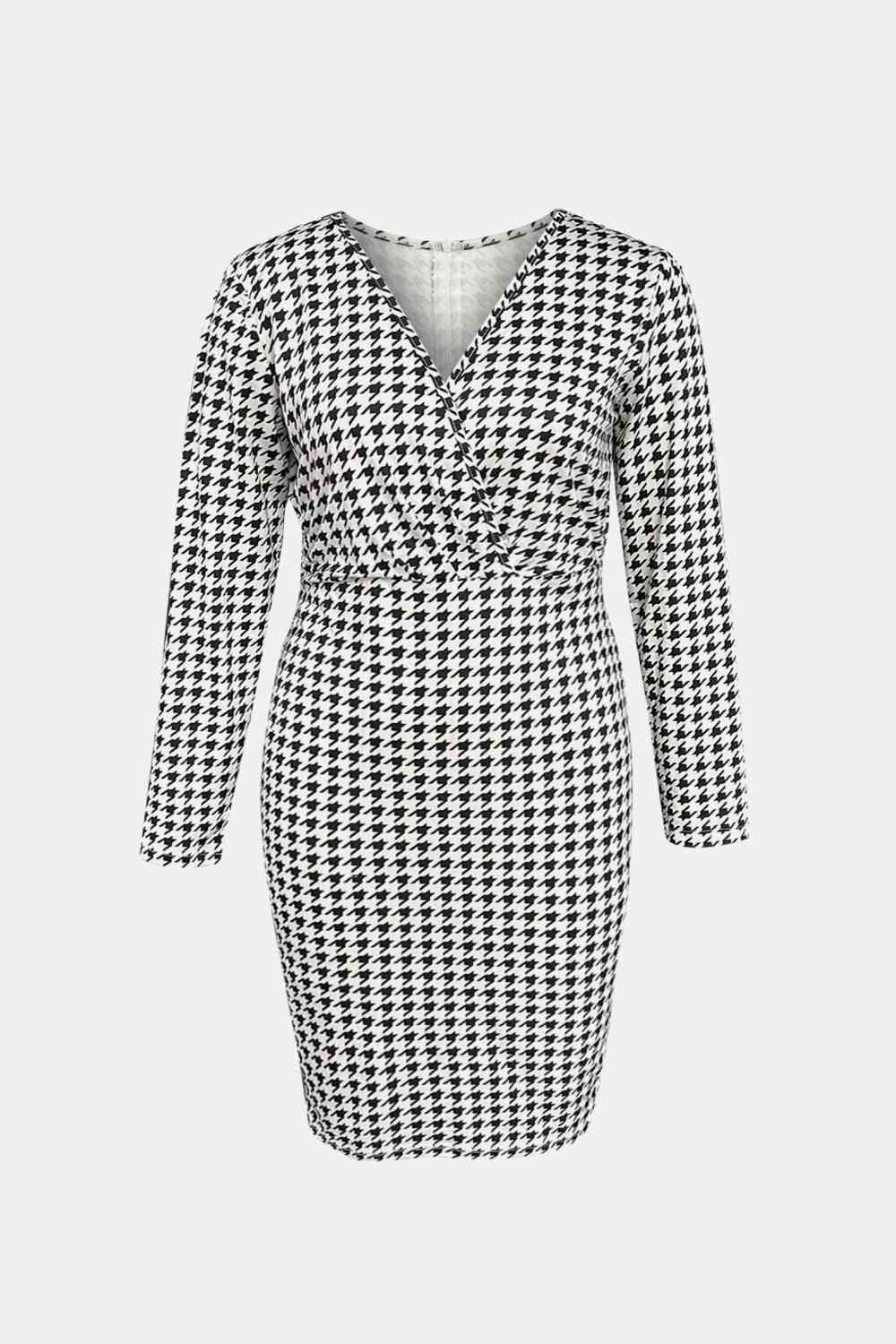 Plus Size Houndstooth Surplice Neck Long Sleeve Pencil Dress