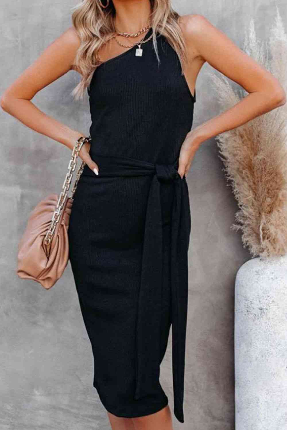 Tie Front One-Shoulder Sleeveless Dress