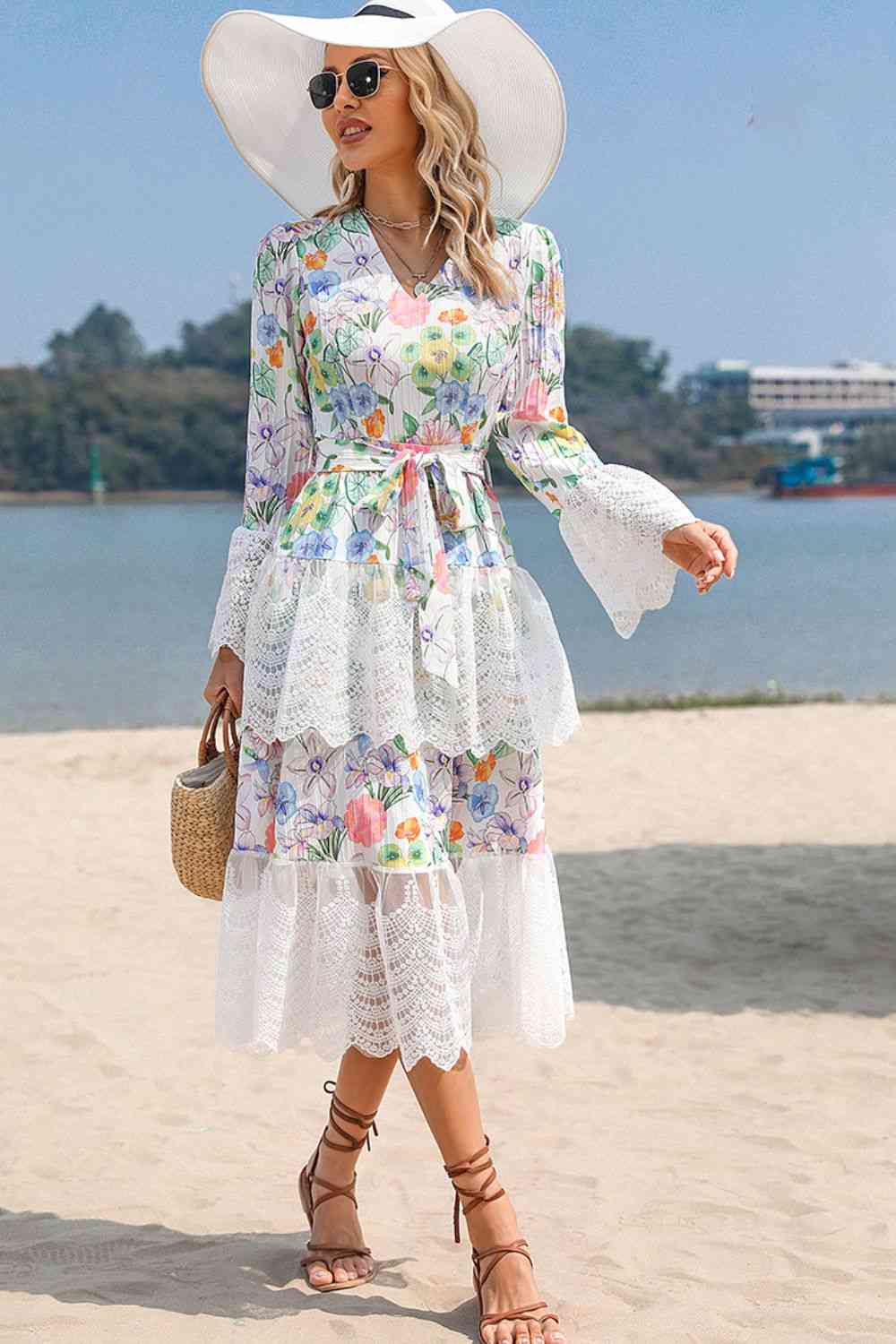 Floral V-Neck Layered Spliced Lace Dress