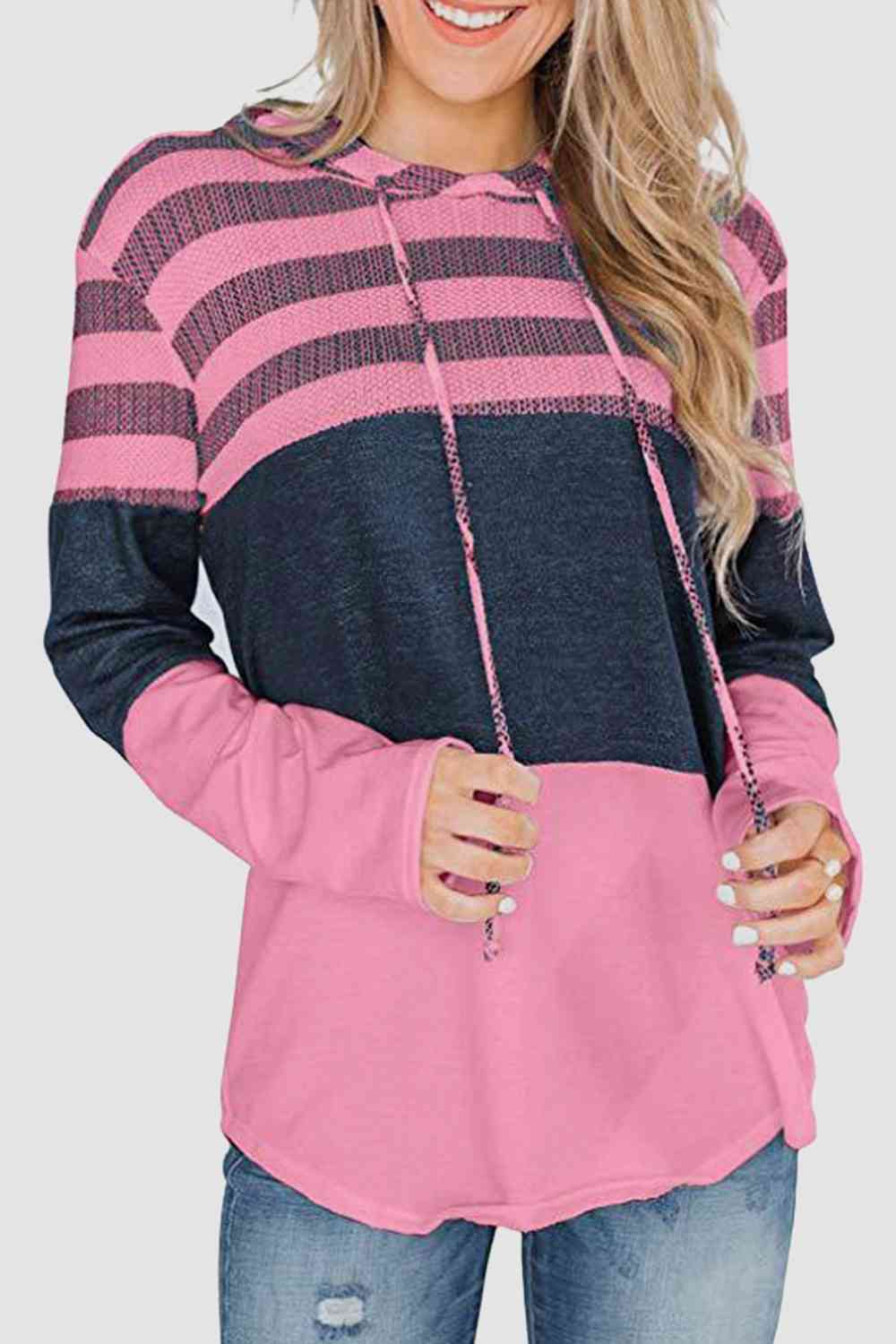 Striped Drawstring Long Sleeve Hoodie