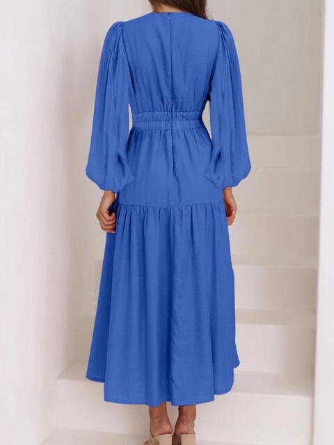 Deep V-Neck Balloon Sleeve Plain Maxi Dress