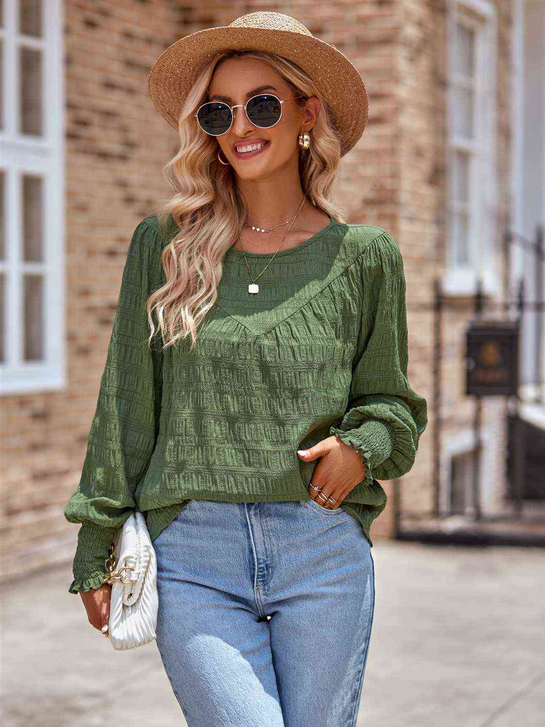 Round Neck Lantern Sleeve Blouse