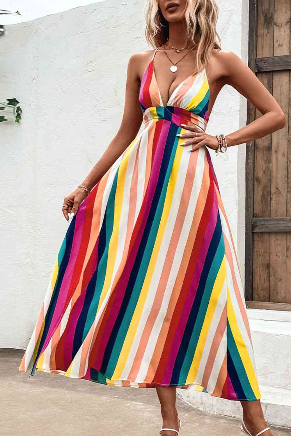 Multicolored Stripe Crisscross Backless Dress