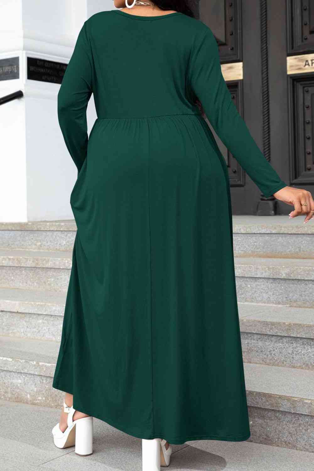 Plus Size Round Neck Long Sleeve Maxi Dress with Pockets