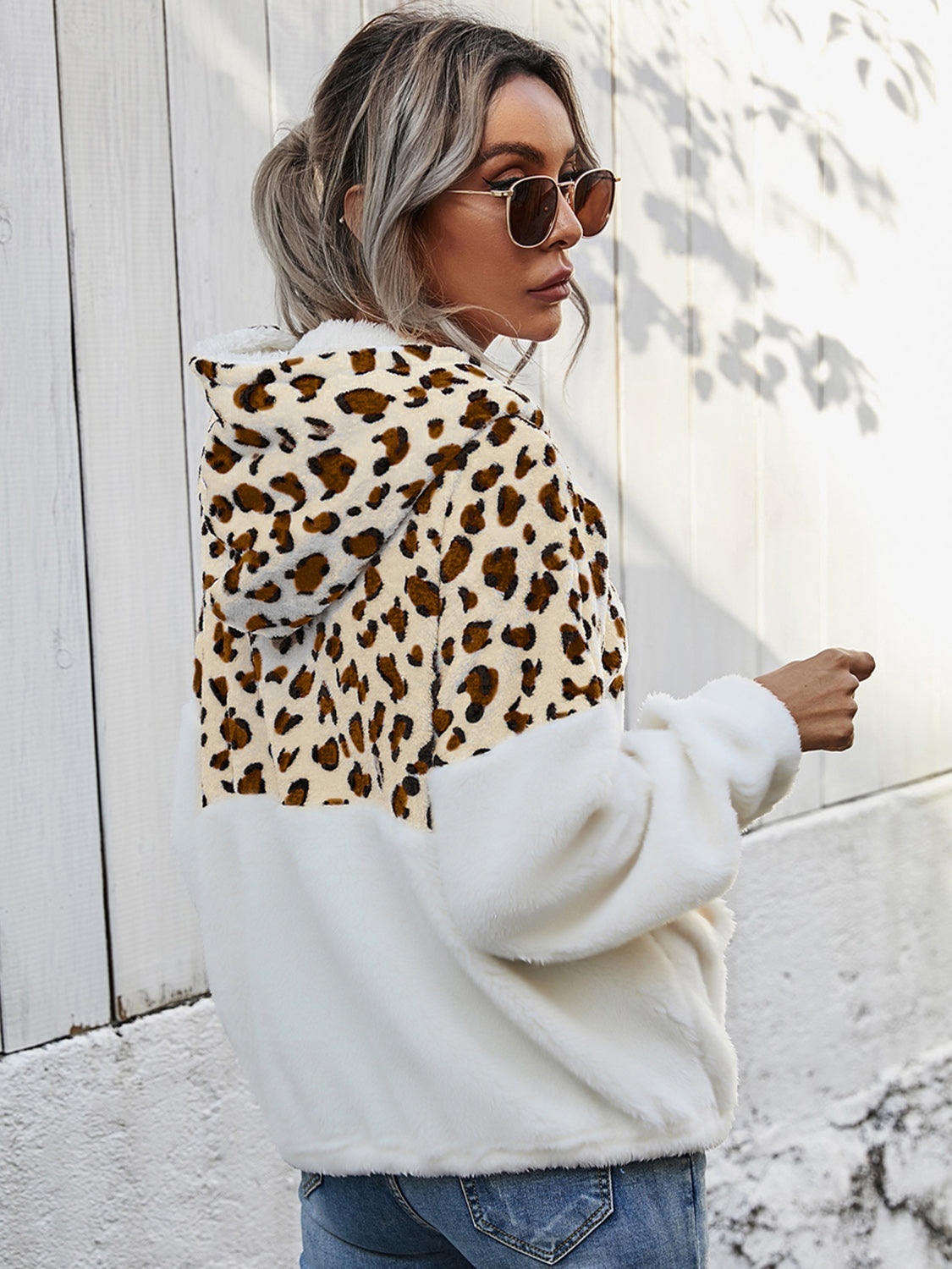 Leopard Half-Zip Dropped Shoulder Hoodie