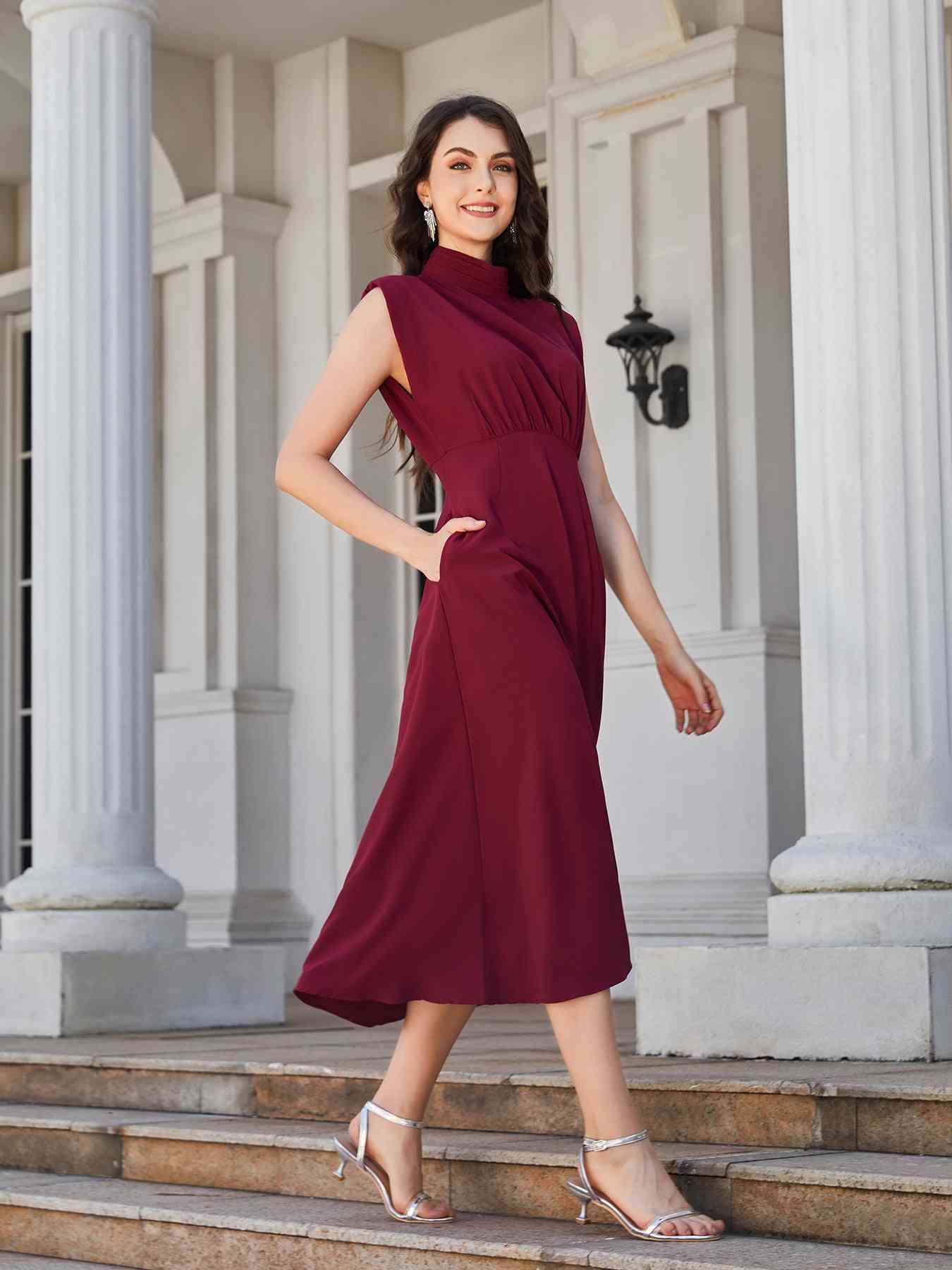 Ruched Mock Neck Cap Sleeve Midi Dress