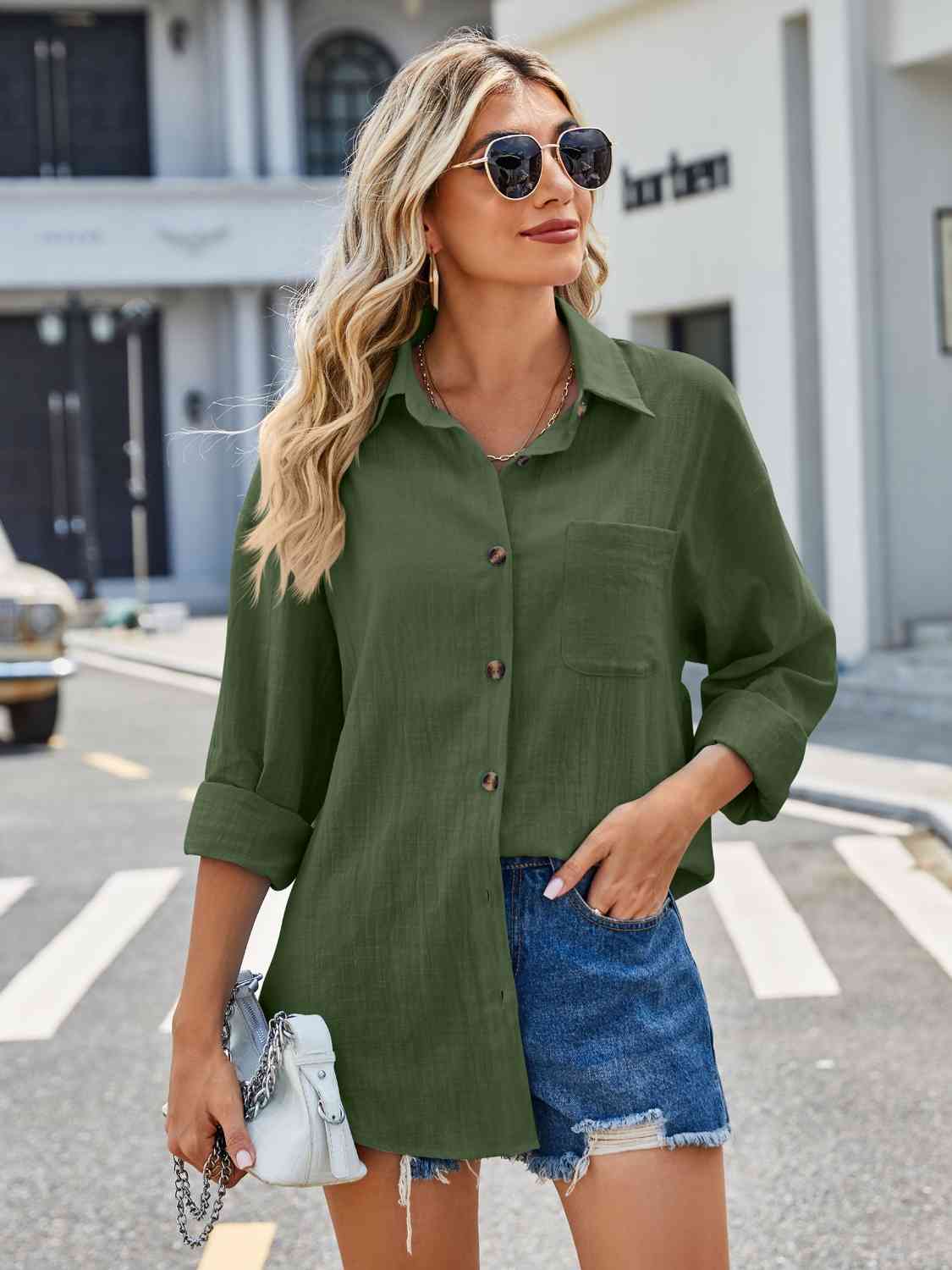 Button Up Collared Neck Long Sleeve Shirt