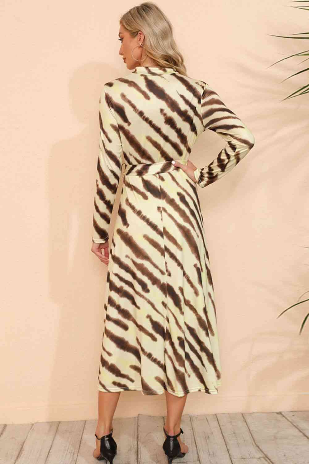 Printed Mock Neck Long Sleeve Slit Dress