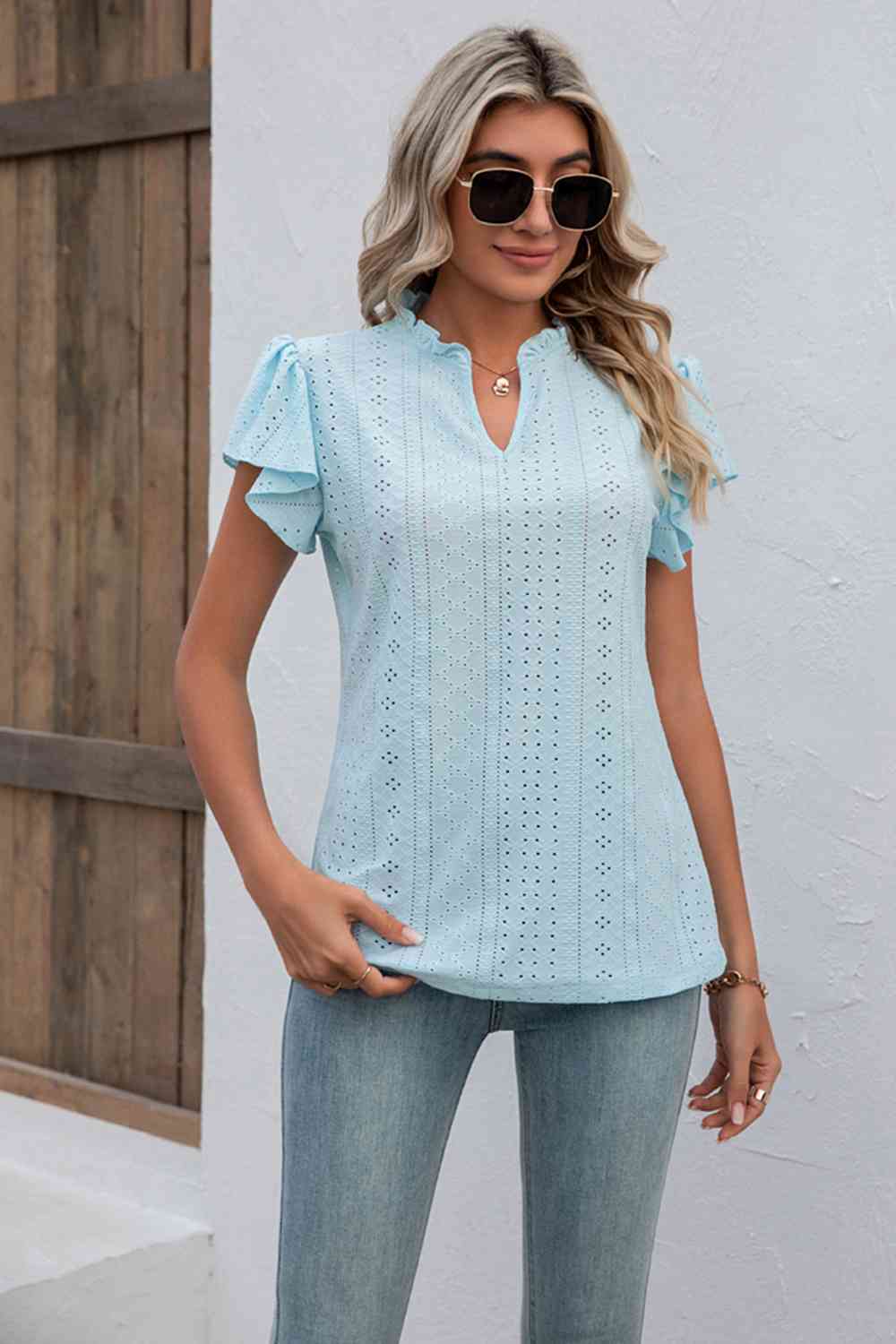 Eyelet Notched Neck Flutter Sleeve Top