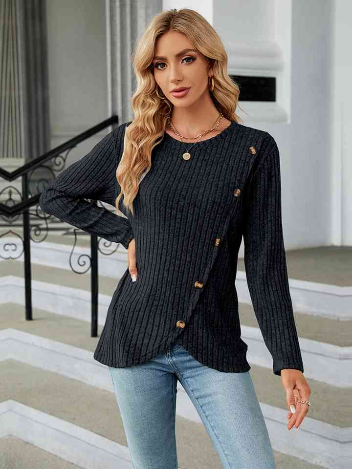 Round Neck Ribbed Button Detail Blouse