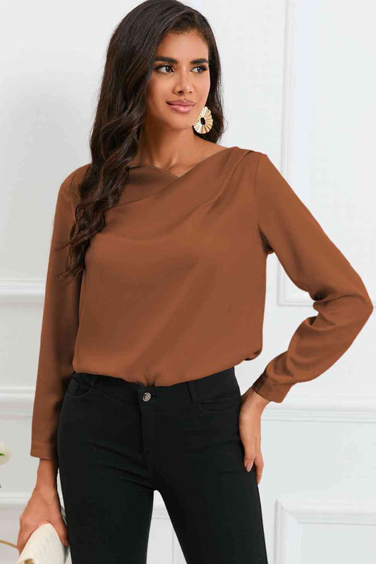 Surplice Neck Long Sleeve Satin Blouse