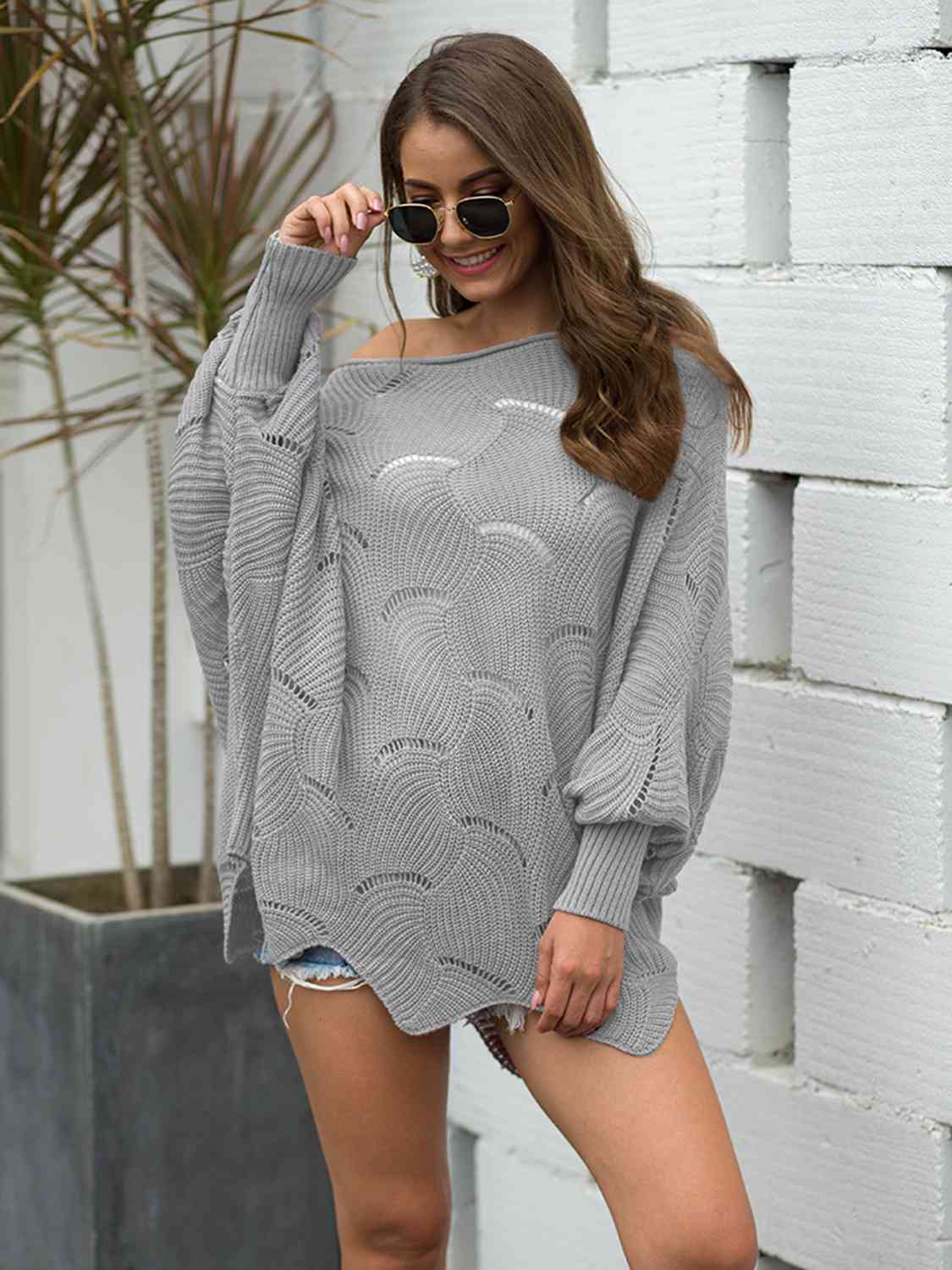 Full Size Boat Neck Lantern Sleeve Openwork Knit Top