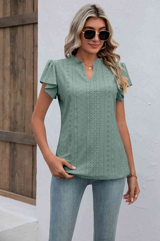 Eyelet Notched Neck Flutter Sleeve Top