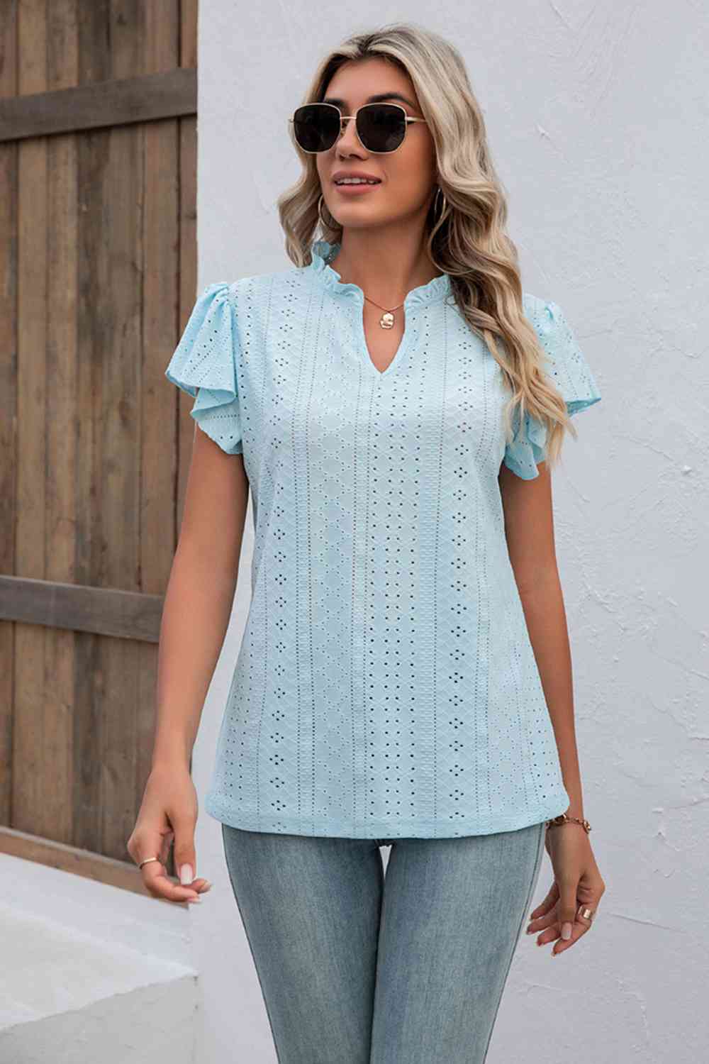 Eyelet Notched Neck Flutter Sleeve Top