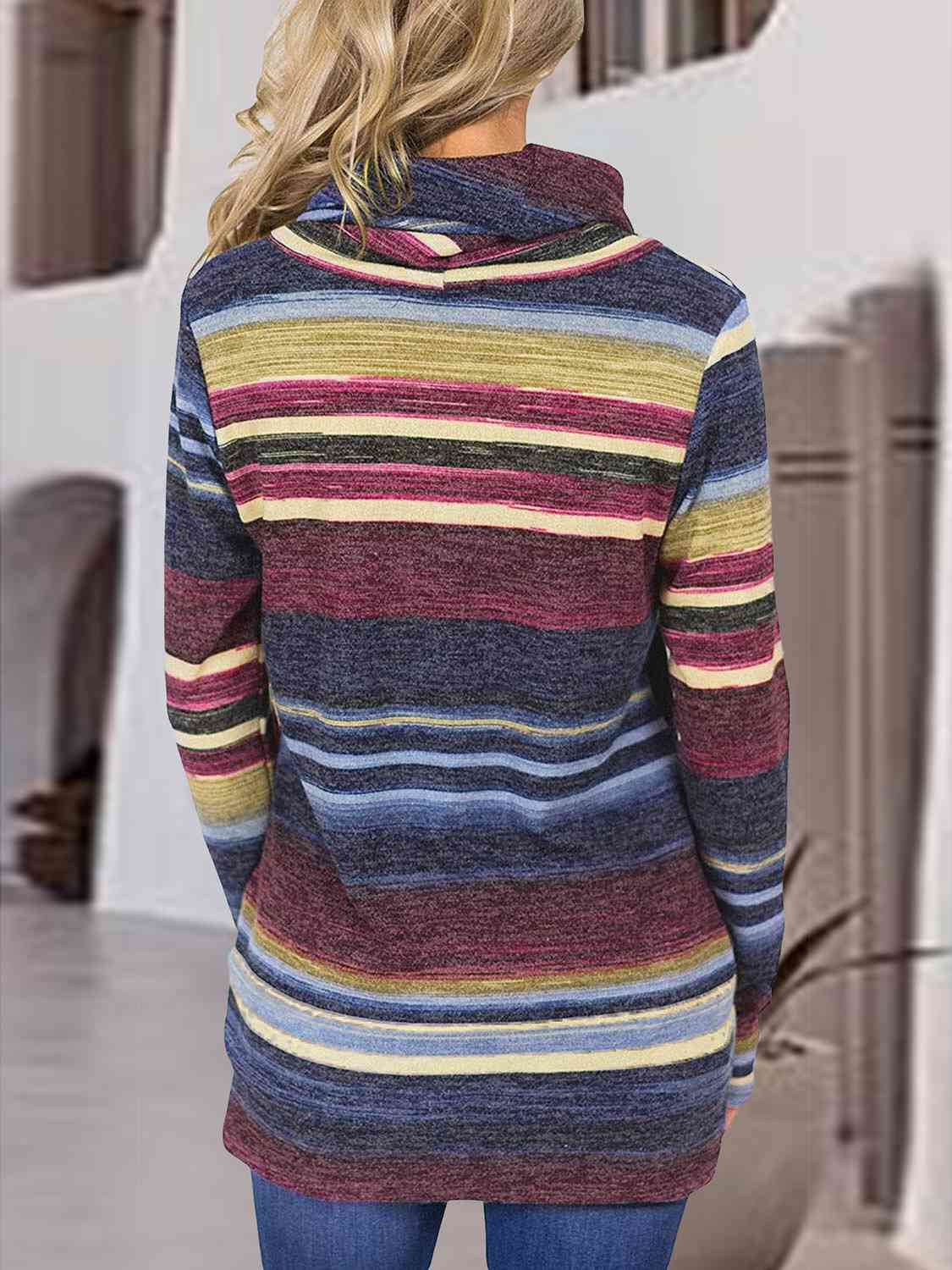 Striped Drawstring Cowl Neck Sweatshirt