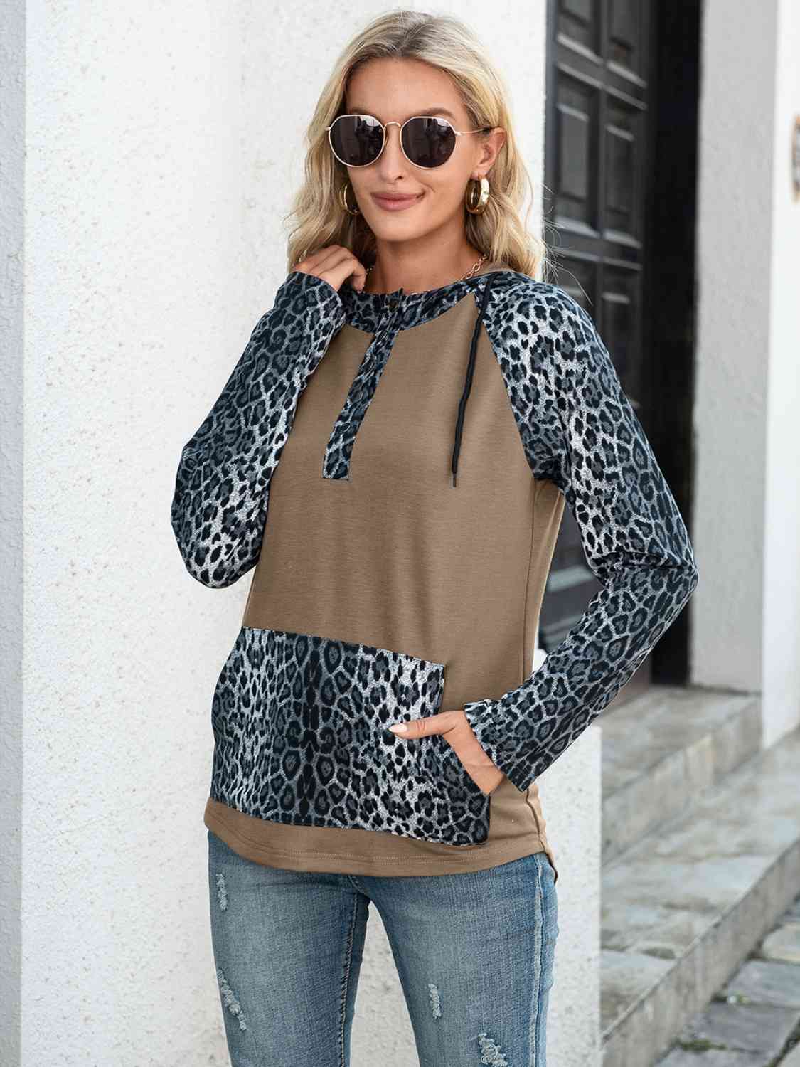 Leopard Drawstring Half Button Hoodie