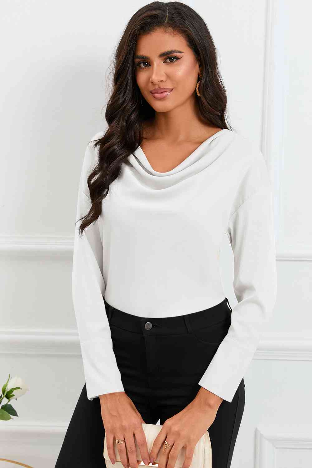 Cowl Neck Dropped Shoulder Long Sleeve Back Tie Blouse