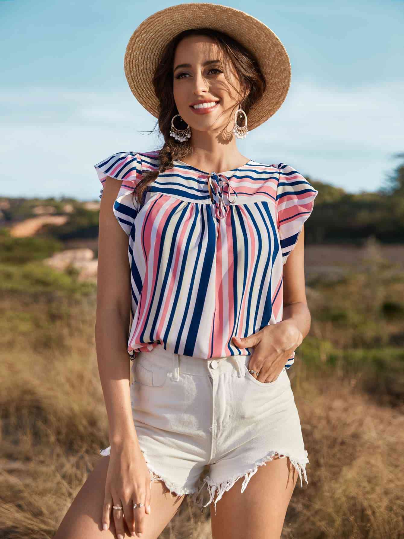 Striped Flutter Sleeve Tied Blouse