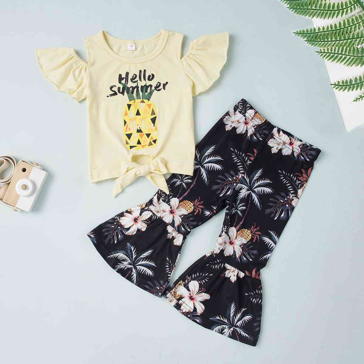 HELLO SUMMER Graphic Top and Floral Flare Pants Set