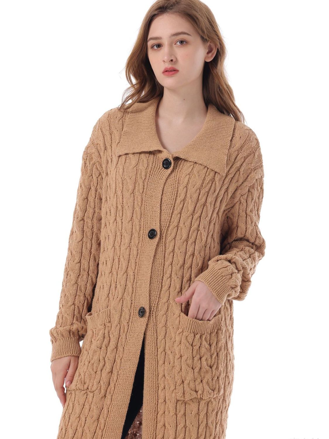 Cable-Knit Collared Neck Cardigan with Pockets