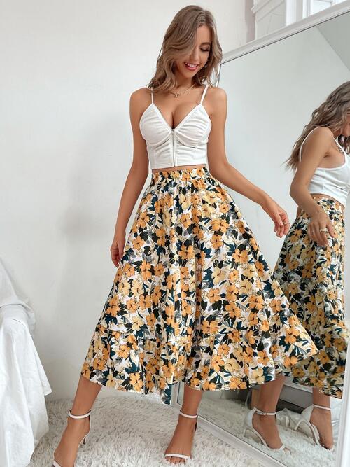 Printed Ruffle Hem Midi Skirt