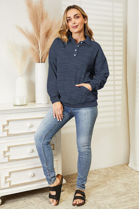 Ninexis Full Size Quarter-Button Collared Sweatshirt