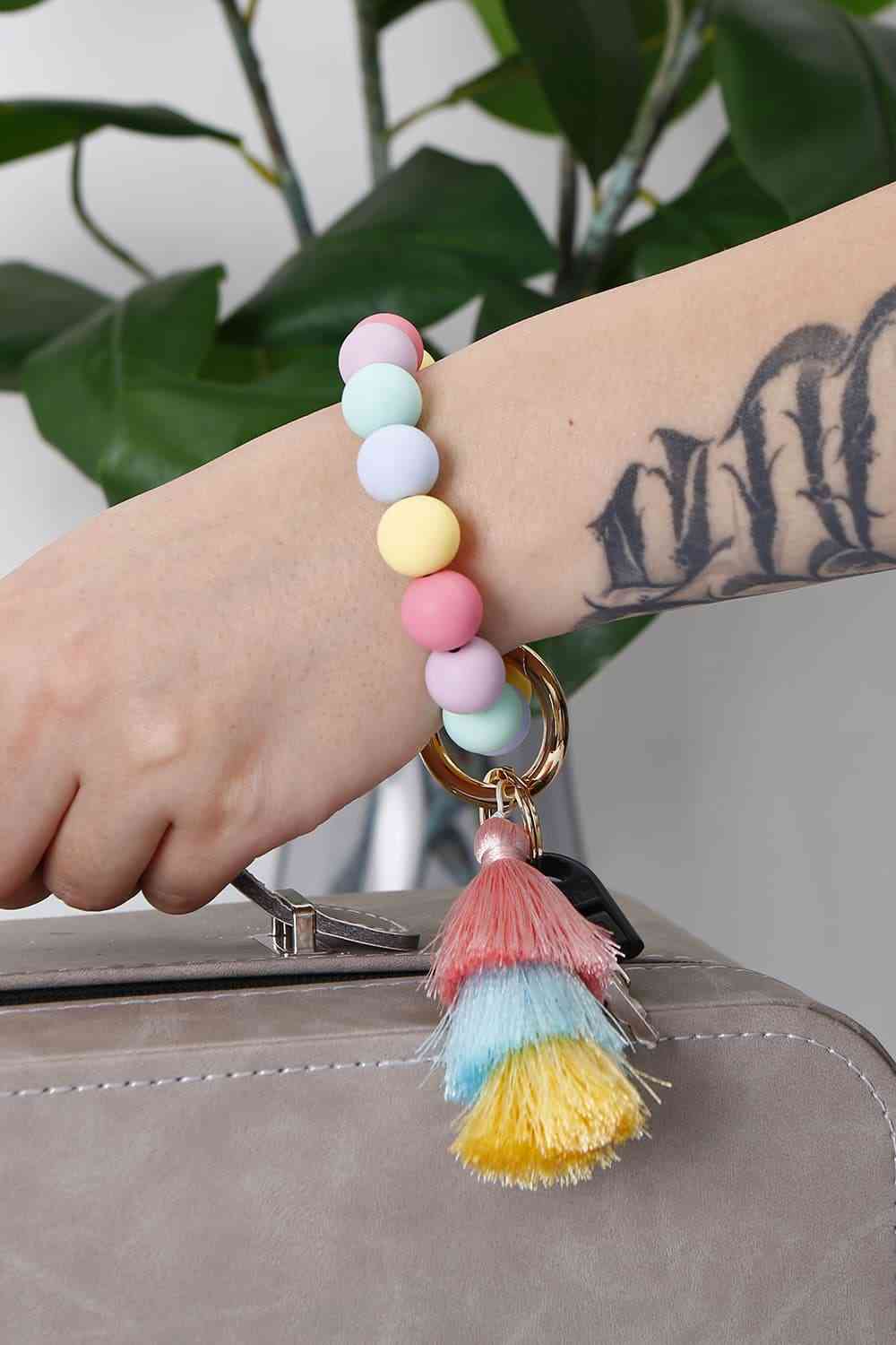 Silica Gel Bead Wristlet Keychain with Layered Tassels