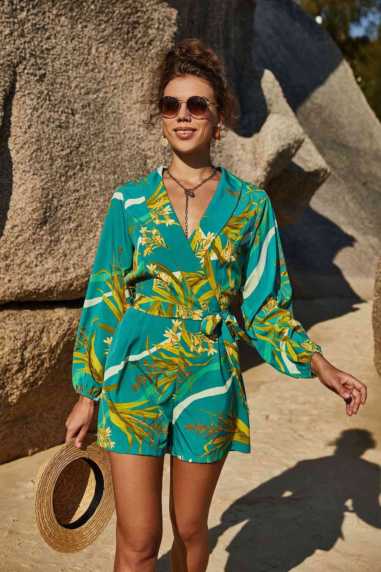 Botanical Print Long Sleeve Romper