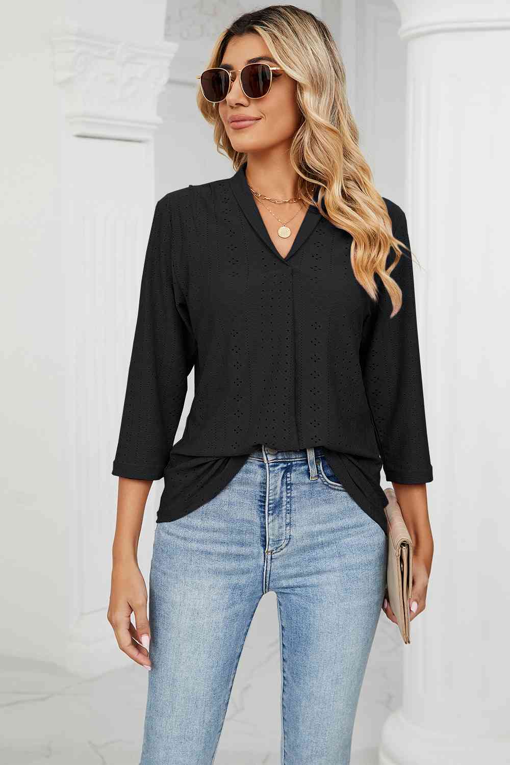 Eyelet Three-Quarter Sleeve Blouse