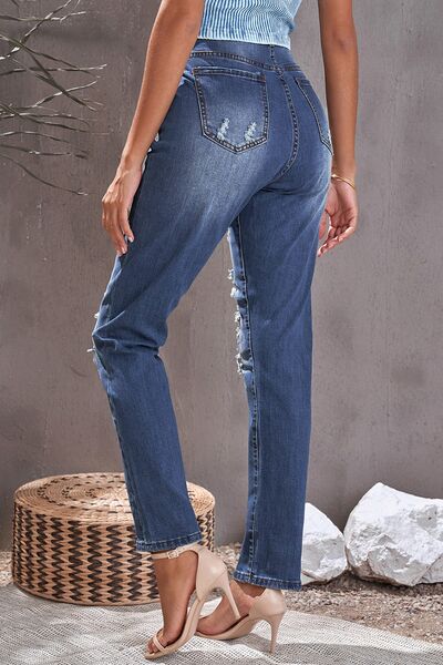 Distressed Buttoned Jeans with Pockets