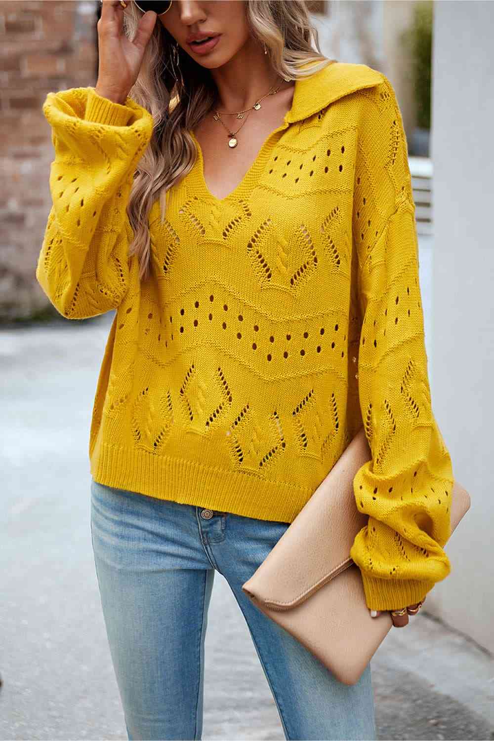 Openwork Long Sleeve Notched Neck Sweater