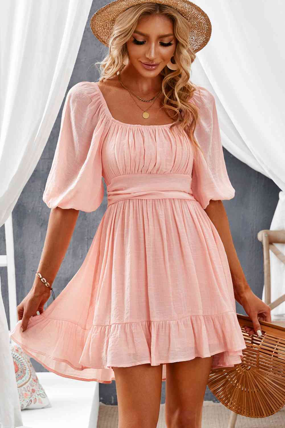 Tie-Back Ruffled Hem Square Neck Mini Dress