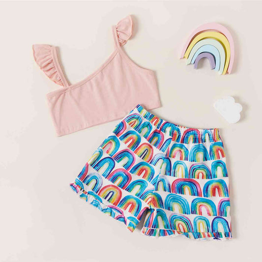 Asymmetrical Neck Top and Rainbow Print Shorts Set