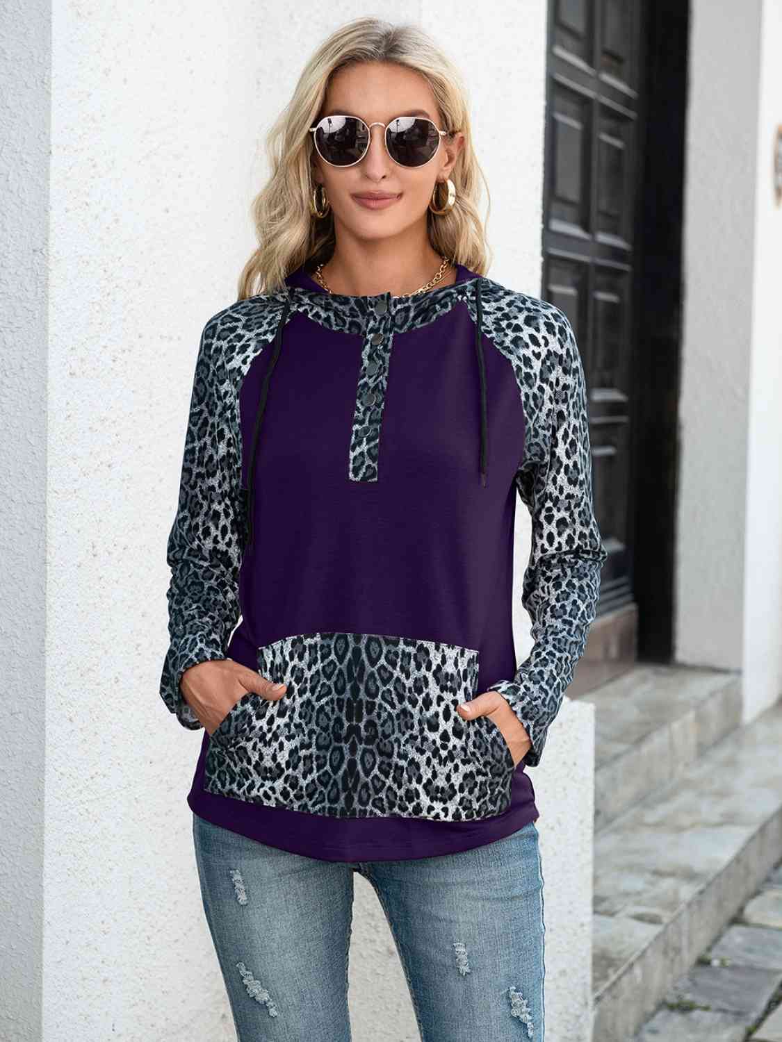 Leopard Drawstring Half Button Hoodie