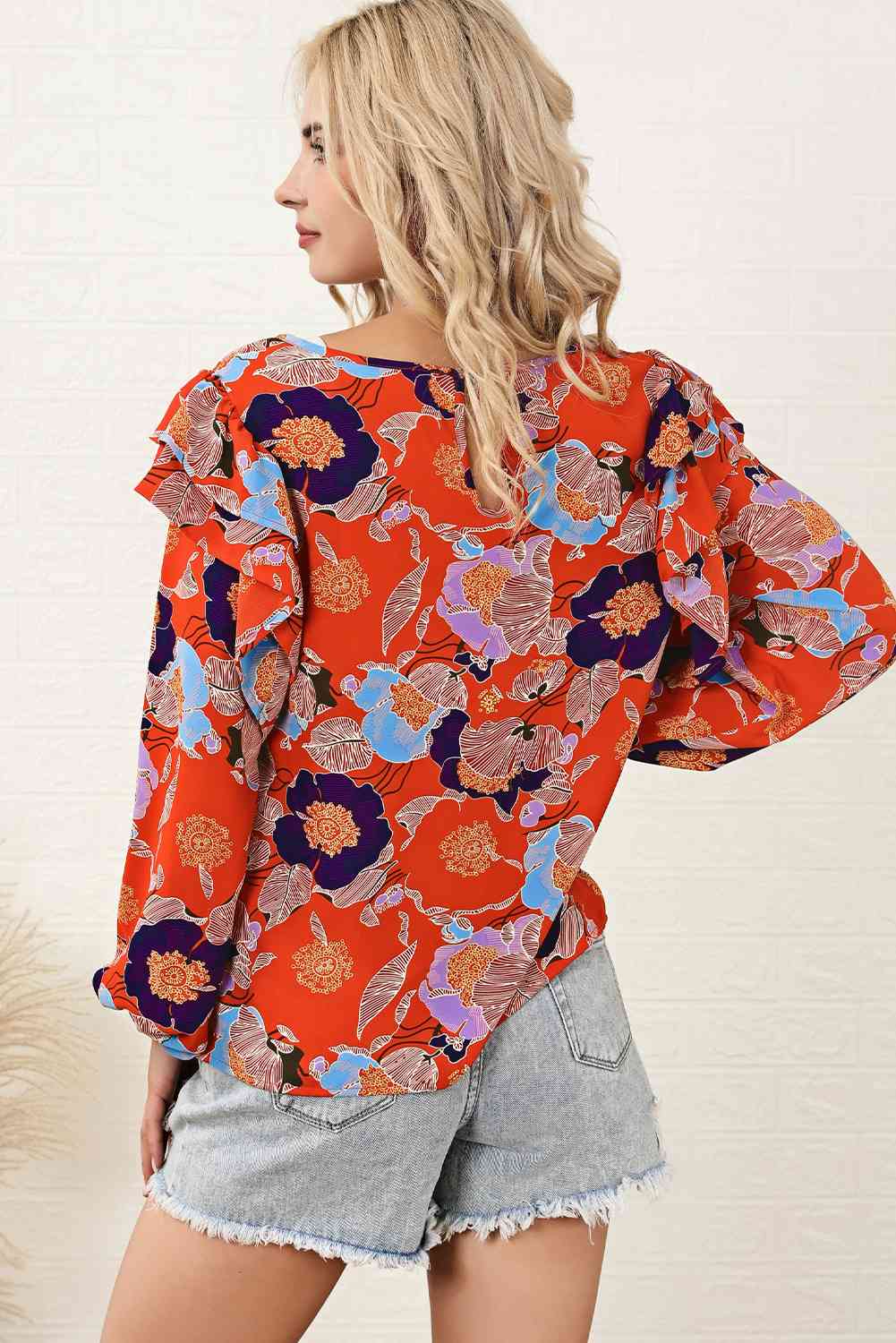 Floral Round Neck Ruffled Blouse