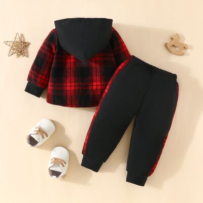 Plaid Button Up Hooded Shacket ann Pants Set