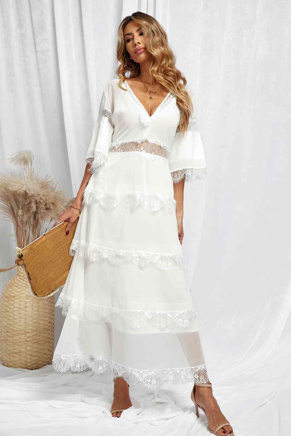 V-Neck Spliced Lace Maxi Dress