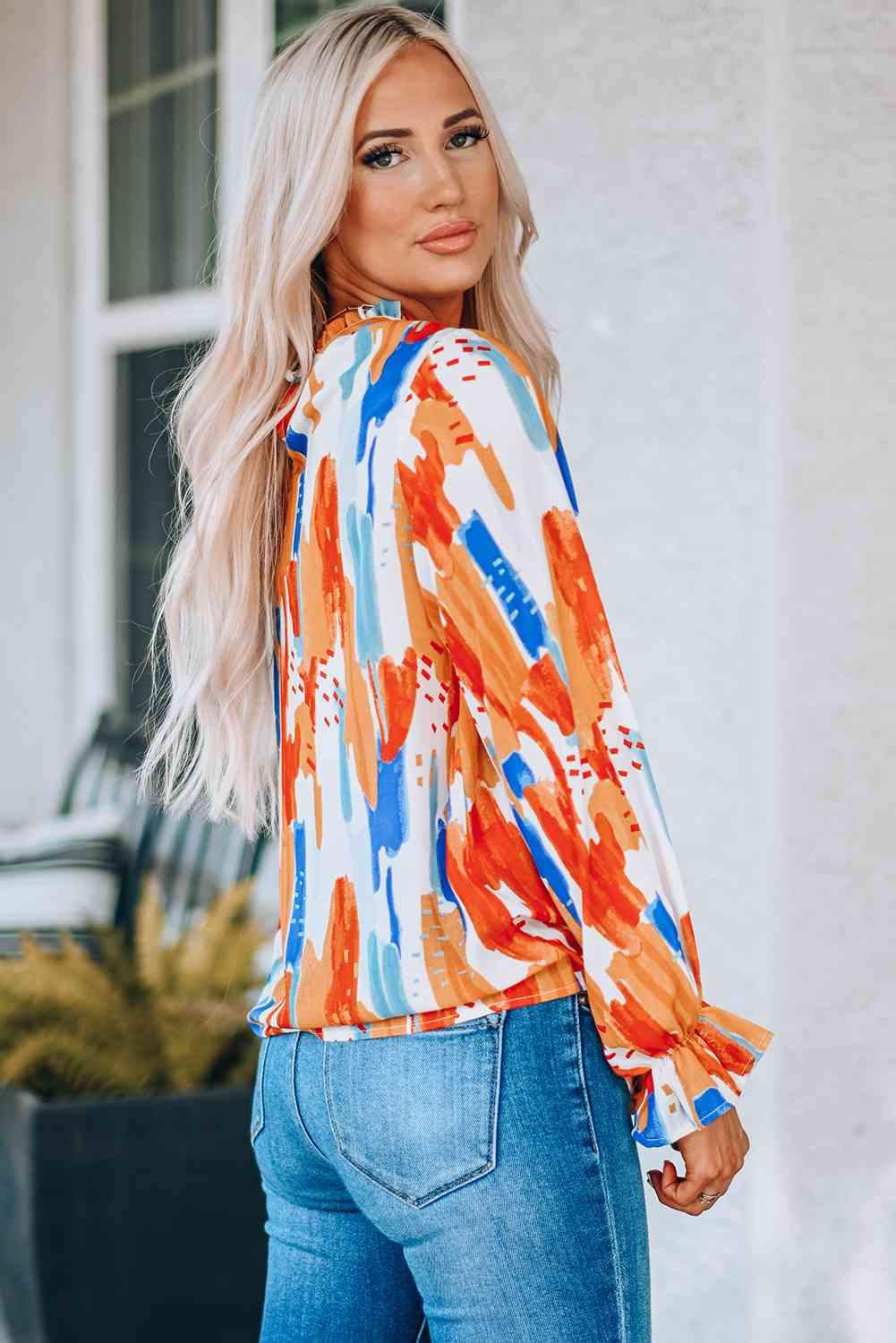 Paint Print Ruffle Collar Flounce Sleeve Top