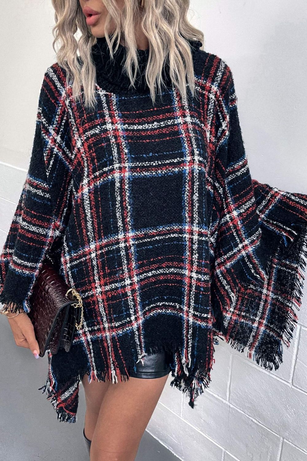 Plaid Turtleneck Fringe Hem Poncho