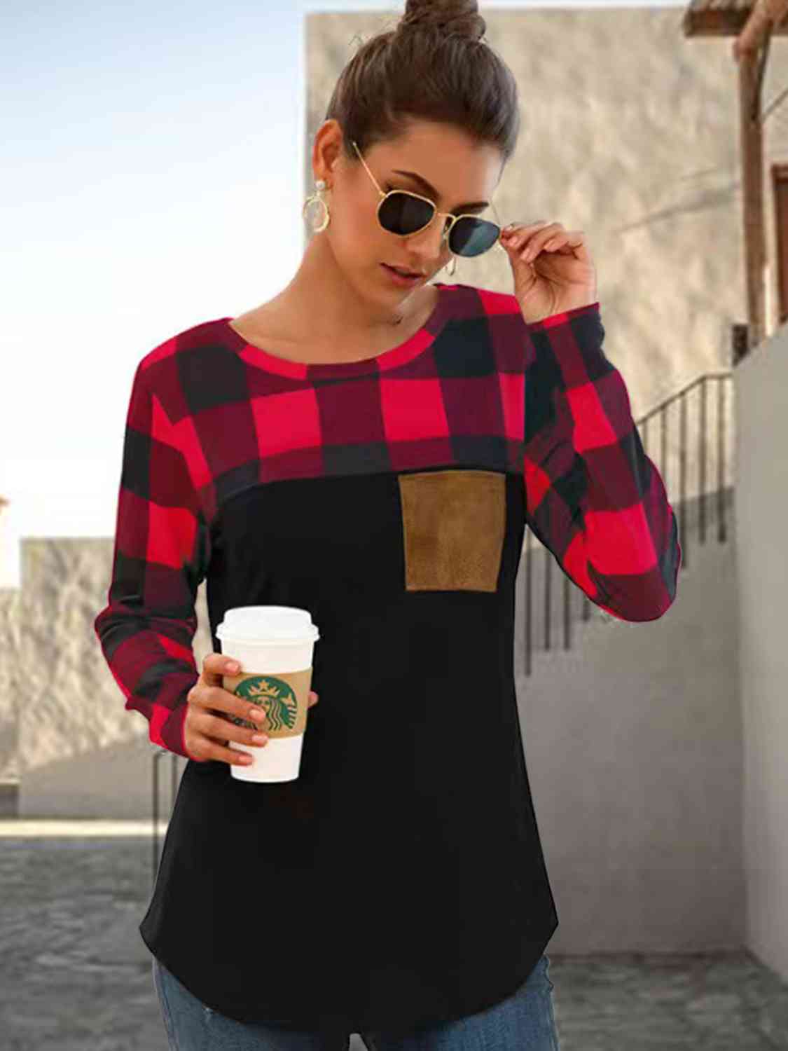 Plaid Round Neck Long Sleeve T-Shirt