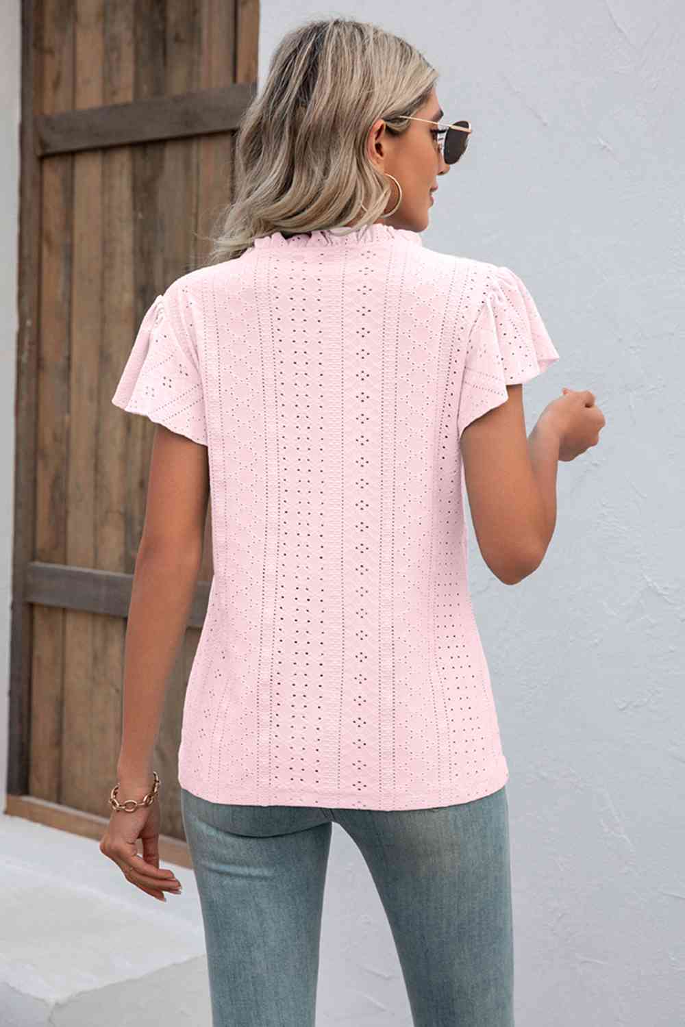 Eyelet Notched Neck Flutter Sleeve Top