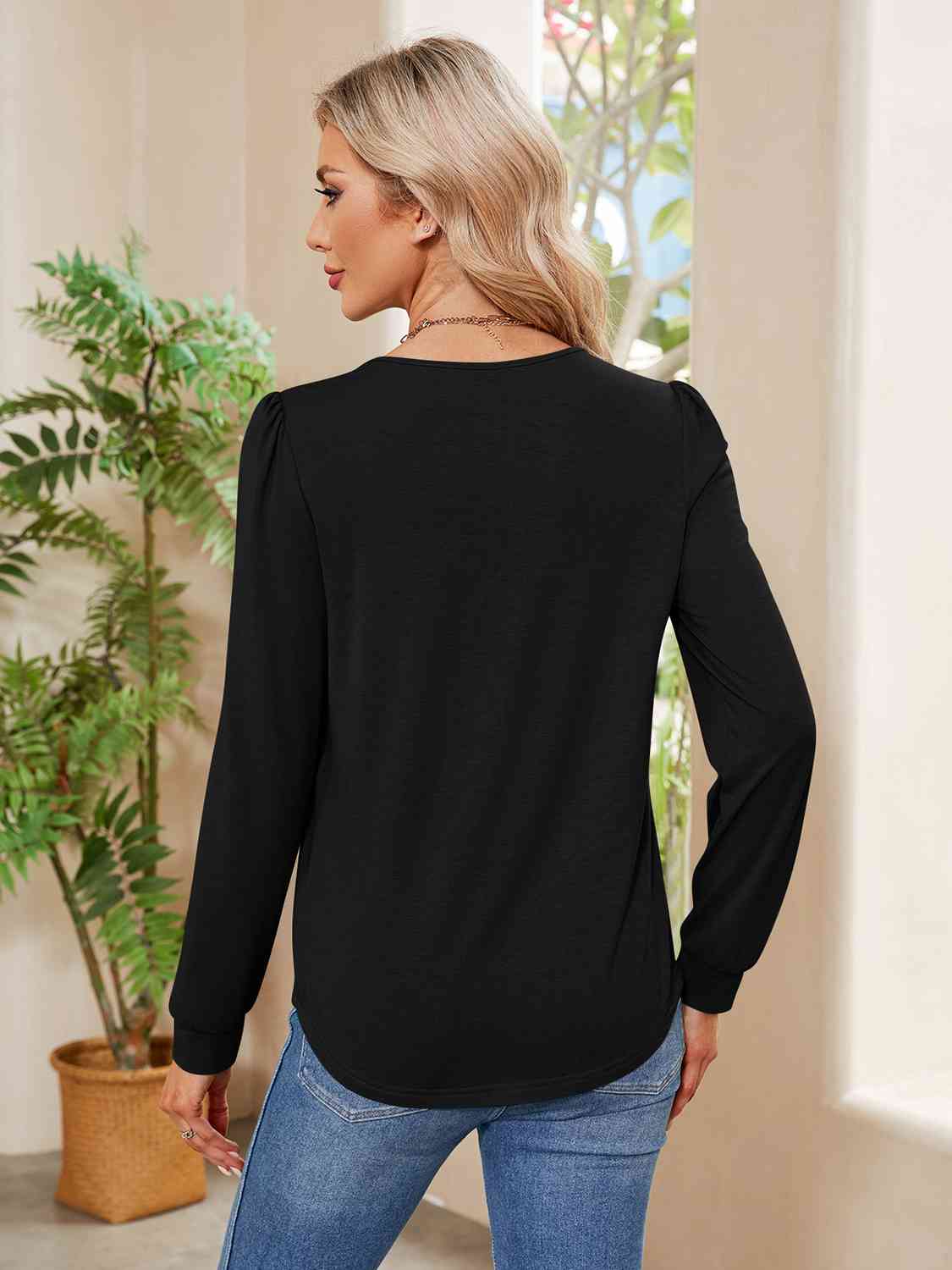 Ruched Round Neck Long Sleeve Blouse