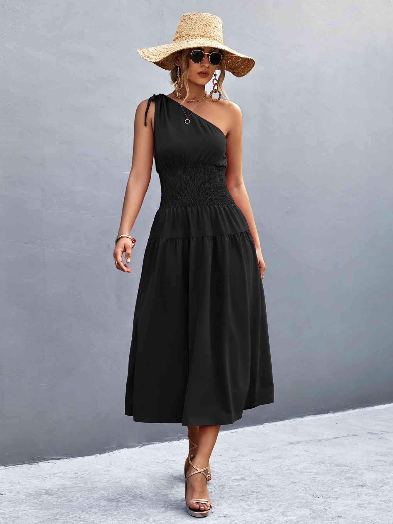 Asymmetrical One Shoulder Smocked Waist Midi Dress