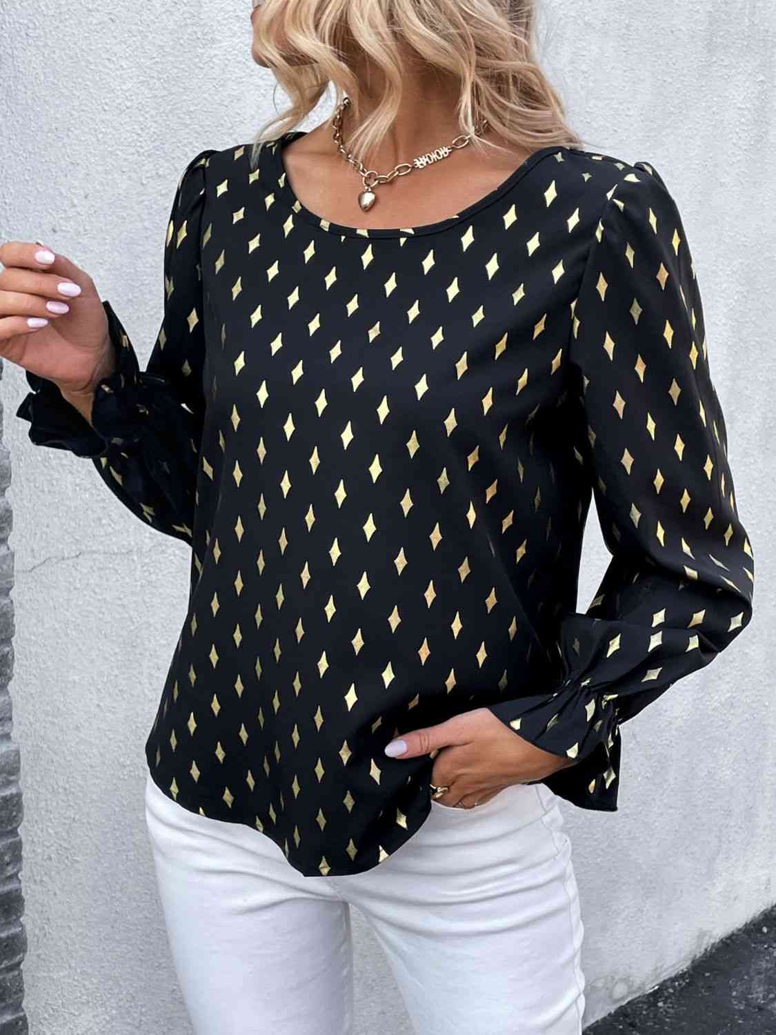 Double Take Printed Round Neck Flounce Sleeve Blouse