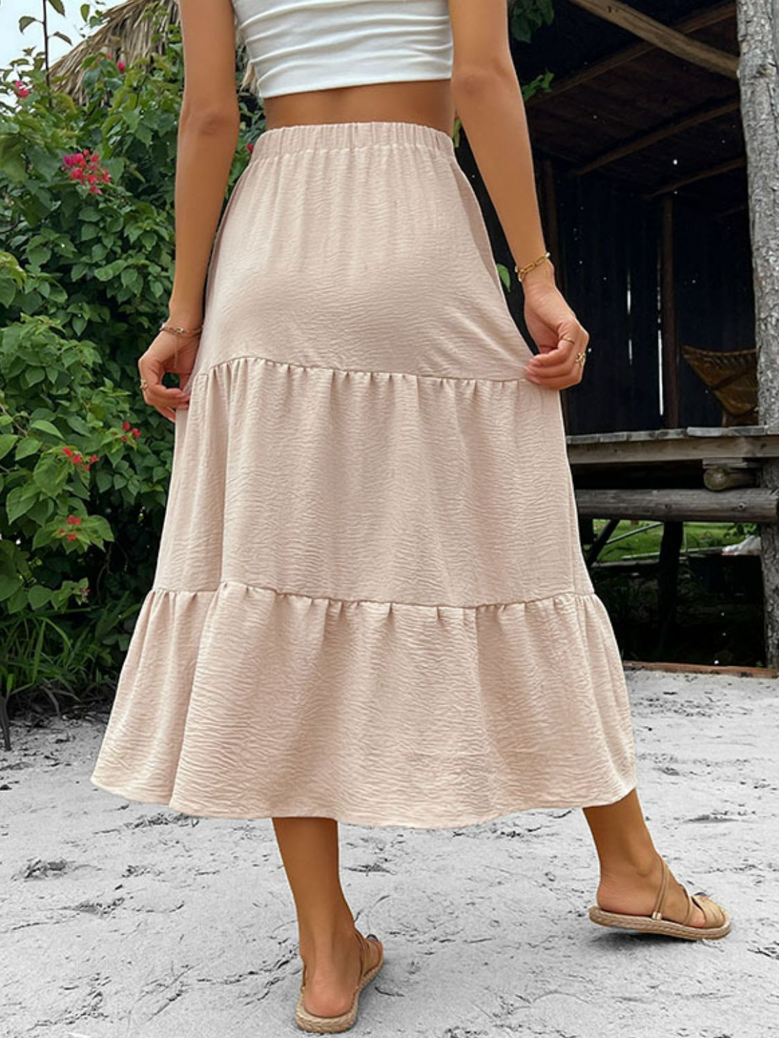 Button Down Tiered Midi Skirt