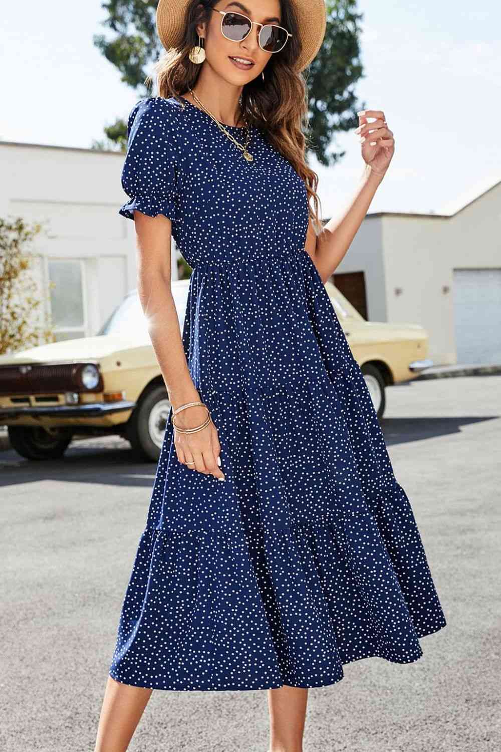 Polka Dot Short Flounce Sleeve Tiered Midi Dress