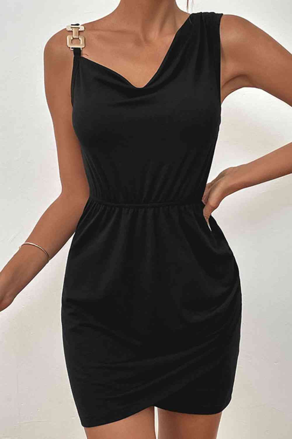 Asymmetrical Neck Sleeveless Tulip Hem Dress