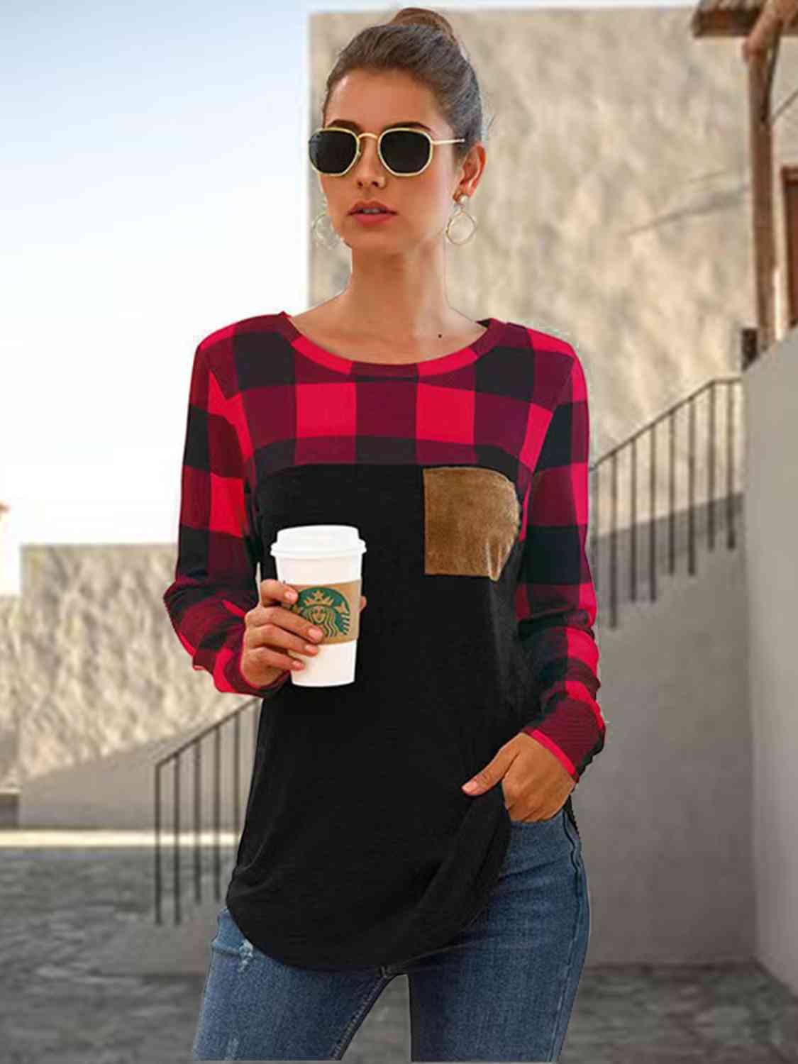 Plaid Round Neck Long Sleeve T-Shirt