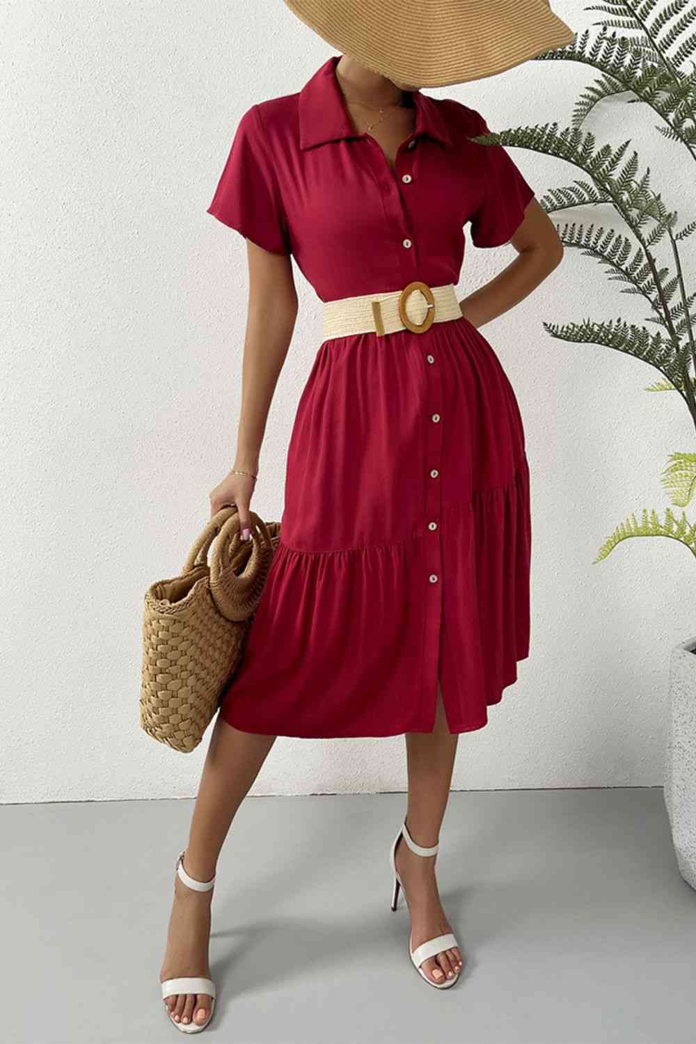 Short Sleeve Button Down Midi Dress